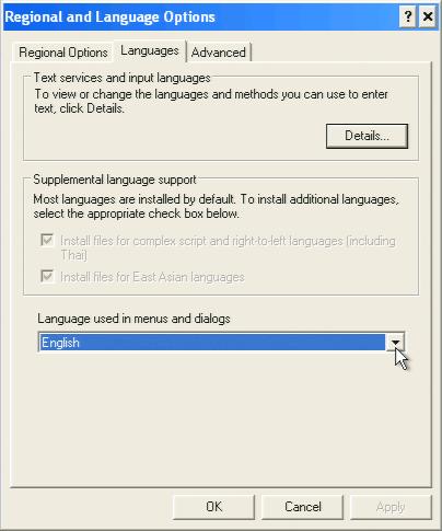 The Regional and Language Options window appears. Select the Languages tab.