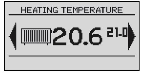 Shows the current temperature in the room No 1 (large font) and the value of the desired (small font).
