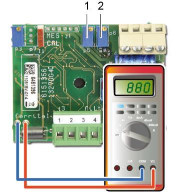 Connect a voltmeter as indicated and adjust, using potentiometer p5 (ref. 1). The output signal must be equal to 880 mv.