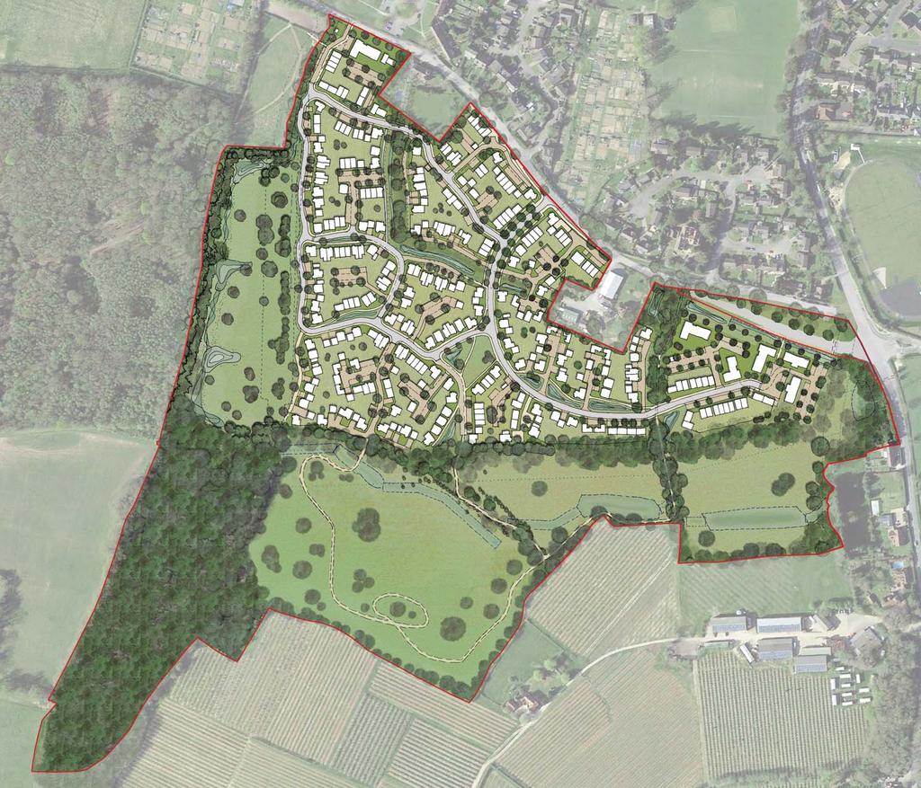Proposed Scheme The proposed scheme seeks to integrate into its surrounding context, maximise the existing elements of the site, and open up views to the nearby oast houses, orchards and woodlands.