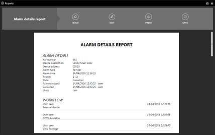 In App Reports AC2000 Security Hub features wide range of in-app reports which provide information about alarms, alarm escalation, alarm priorities, users, device transactions**, traces** or version