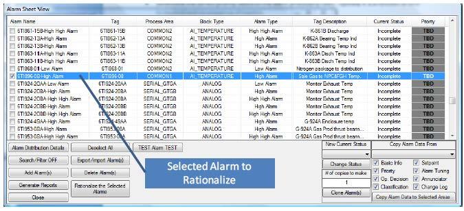 Once the alarm configuration is loaded into SILAlarm, rationalization begins by selecting an individual alarm.