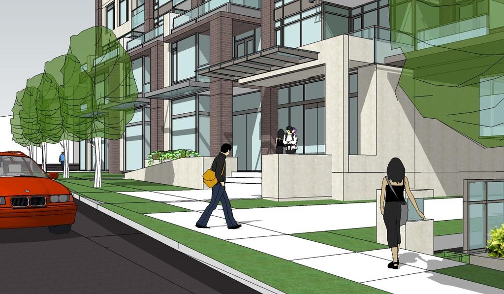 In addition to responding to three (3) street frontages, the building design takes into consideration the shared property line with the low rise residential community to the west.