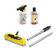 The accessories kit for motorbike and bicycle cleaning includes 1 wheel washing brush, 1 universal wash brush, 1 litre of Car