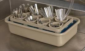 Then place in cutlery baskets with handles down, eating end up, ready for machine washing.