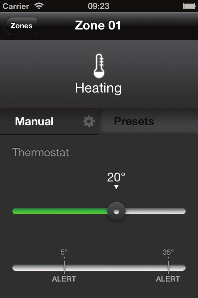 VIEWING ZONE SETTINGS - THERMOSTAT MODE The following screen will be shown when you tap on a zone that is in Thermostat mode. In this mode the heating is regulated by the temperature.