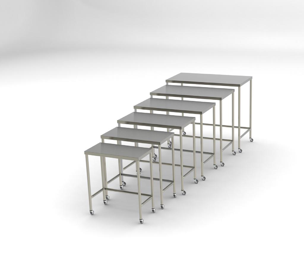 shelf (18 gauge type 300 series) " square legs Added supports Adjustable feet 3" swivel casters Ergonomically friendly