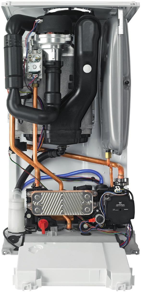 Air inlet silencer Flow pipe Gas pipe Return pipe Grundfos pump Condensate trap late heat exchanger Diverter valve ressure