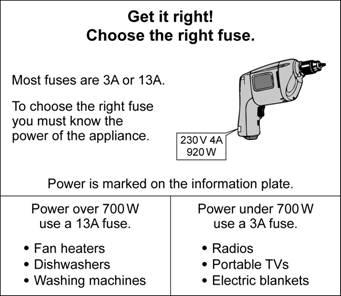 Q1. (a) Look at the electrical safety information poster. Complete the table to show which size fuse, 3 A or 13 A, should be fitted to each of the appliances.