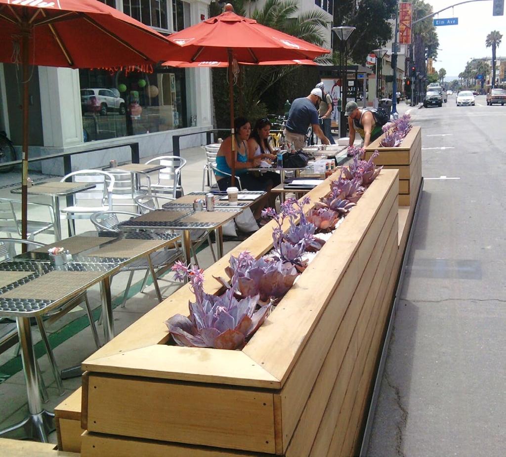 Parklets should be designed as an extension of the sidewalk, with multiple points of entry along the curbside edge.