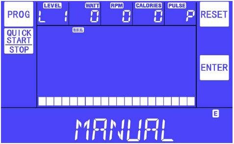 CONSOLE OPERATION CP.1 (MANUAL) C. Press ENTER button to accept WEIGHT. Setting TIME: The WORKOUT TIME is displayed in the center of the display (default time is 20:00).