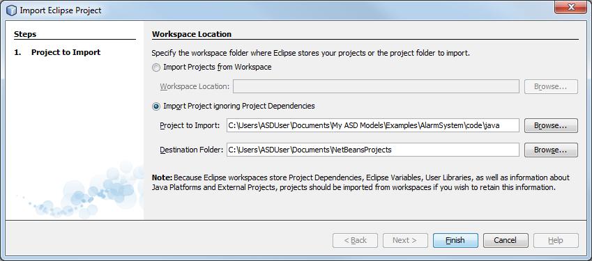 Figure 4-7 Import Eclipse project: Import Project ignoring Project Dependencies.