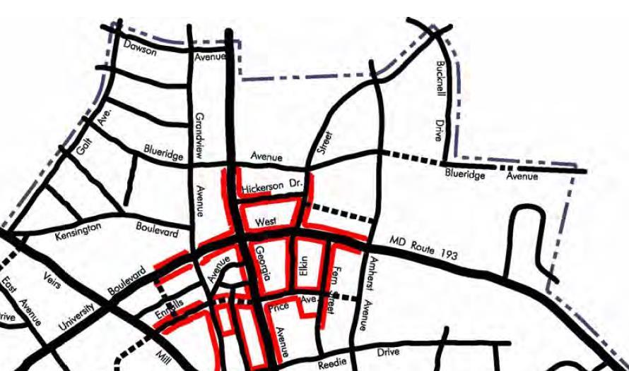 SITE Portion of Map 6: Proposed Priority Retail Streets from the Wheaton Sector Plan with the Site highlighted The Sector Plan highlights the Priority Retail Streets within the Blueridge District on