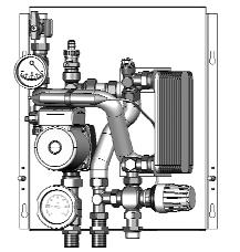 consisting of: Baseplate with connection rail, white metal cover, copper-soldered stainless steel heat transfer plates, Grundfos UP 15-30 circulating pump, changeover valve with thermostatic head and
