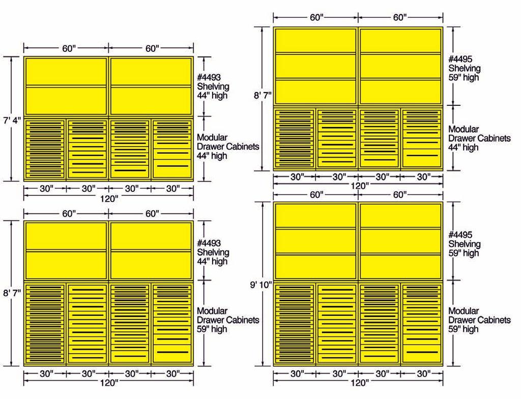 Shelving cabinets (60 W x 27 3/4 D) Description 33 1/2 H cabinet with one adjustable shelf 4492 38 H cabinet with one adjustable shelf 46078 44 H