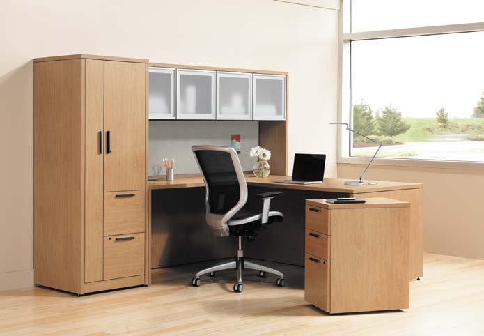 This configuration also includes plenty of storage for office supplies.