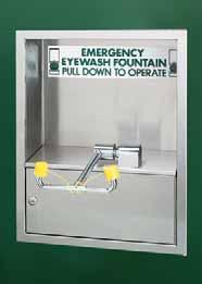 PLUMBED STAINLESS STEEL LABORATORY SAFETY SOLUTIONS CABINET-MOUNTED SWING-DOWN EYEWASH CABINET-MOUNTED SWING-DOWN EYE/FACE WASH S19-270HC S19-270JC swing-down eyewash is pulled down panel in front of