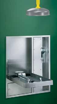 PLUMBED STAINLESS STEEL LABORATORY SAFETY SOLUTIONS BARRIER-FREE, RECESSED DRENCH SHOWER AND EYEWASH S19-315BF stainless steel shroud push-down, coated stainless steel handle in front of unit for