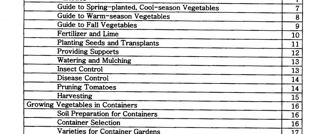 TABLE OF CONTENTS I ntroduction 3 Growing Vegetables in the Backyard 3 Site Selection 3 Plan Your Garden 5 Land Preparation 6 Varieties 7 Guide to Spring-planted, Cool-season Vegetables 7 Guide to