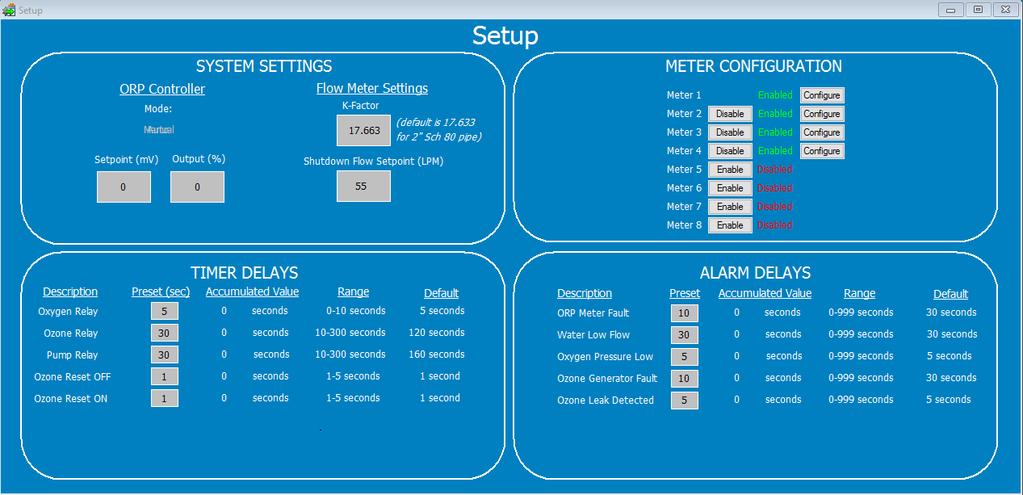 The Set up screen allows you to program the meters required for your system. System settings are for the set points for the ORP meter/controller and the Water Flow Meter Settings.