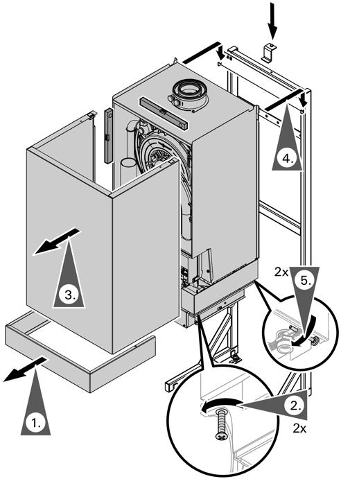 Then install the holding bracket to the frame on top of the boiler. 5. Connect the boiler to the installation fittings.