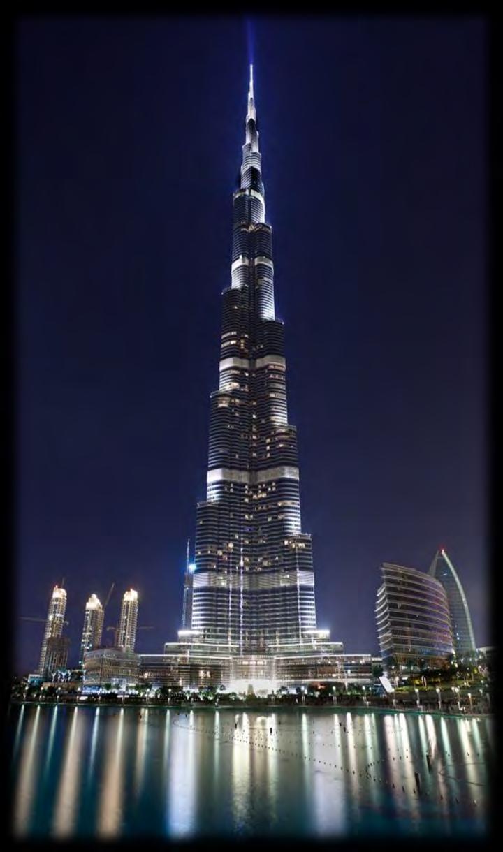 Burj Khalifa Spired 828-metre skyscraper with viewing deck, restaurant, hotel and offices and 11- hectare park.