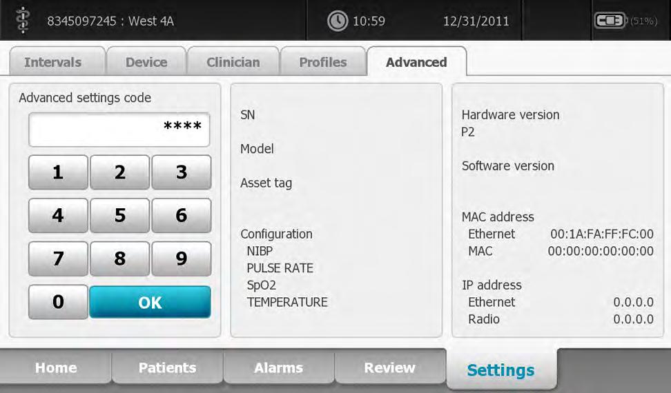 109 Advanced settings The Advanced tab provides password-protected access to the monitor's Advanced settings (or Admin mode), enabling nurse administrators, biomedical engineers, and/or service