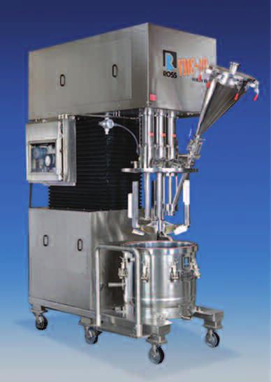 This sanitary vacuum design includes controls and a jacket for heating and cooling. Multiple mix vessels enable semi-continuous operation of the mixer.