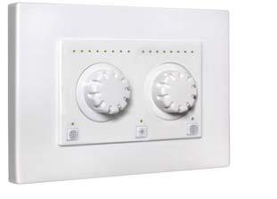 TM MVCA2 2 Dial Dimmer Wall Switch 2 rotary dials with push on/off action to dim outputs, such as lights or shutters or macros (group of outputs) 8 LEDs per dial to display light intensity or shutter