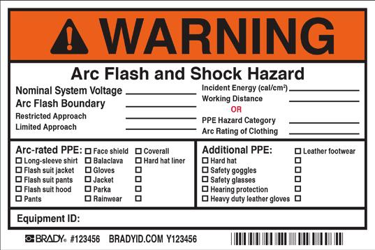 The labels shown at the right meet all current NEC and NFPA 70E requirements, including the updated 2015 version, and are available with either Danger or Warning headers.