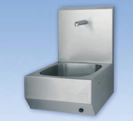 Hand-wash basins Hand-wash basins type BW2 and BW2/F Made of stainless steel DI 1.4301. Welded model with chrome-plated water spout with jet regulator placed on the top of the stable backsplash.