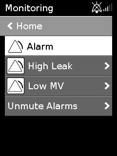 Viewing the alarms To view the alarm list: 1. From the Monitoring screen, turn the dial clockwise until the last Monitoring screen is displayed. 2.