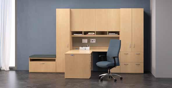 (Peninsula desk shown with Stardust Silver U-Base, wall-mounted overhead storage, Collective Mini-Stools and Proxy seating.