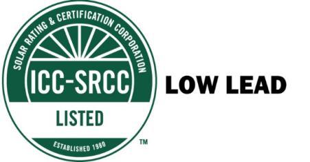 This mark indicates the product is listed under the SRCC Solar Heating and Cooling Listing Program, which certifies solar heating and cooling products to the Uniform Solar Energy Code