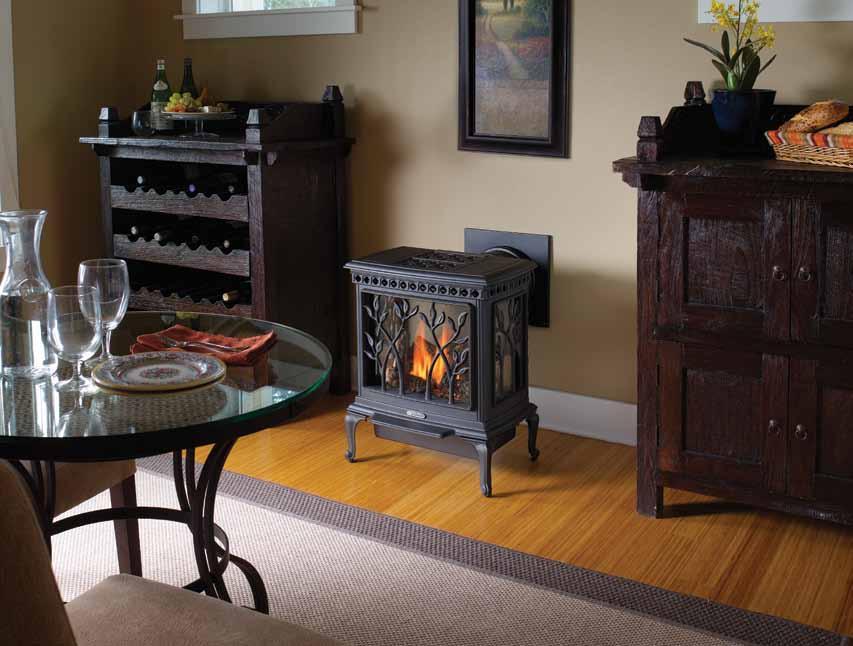 Eden Cast Iron Gas Stove Use your Smart phone to what a video of the Eden burning Shown in the Cast Black Painted Finish With its organic styling characteristic of the larger Tree of Life gas stove