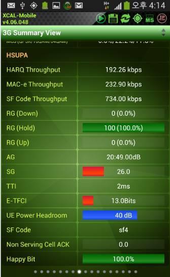 RF Information 3G Summary screen shows WCDMA, HSDPA, HSUPA, HSPA+, DC-HSDPA information. HSUPA HARQ Throughput.