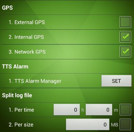 Chapter 12. Master/Slave Test Items GPS TTS Alarm Split log file Description External GPS: Connects external GPS for location information. For details, see Other Settings External GPS.