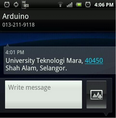The Arduino Uno activates the GSM shield and sent the address of the scene in the form of SMS by using AT Commands. Fig. 11 shows the screenshot of the message sent by the Arduino Uno.
