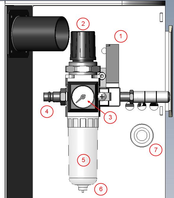 Set-up and Initial Operation Lava CNC 240 4.1.6 Pressurized-Air Connector 1 Minimum-pressure monitoring module (5.