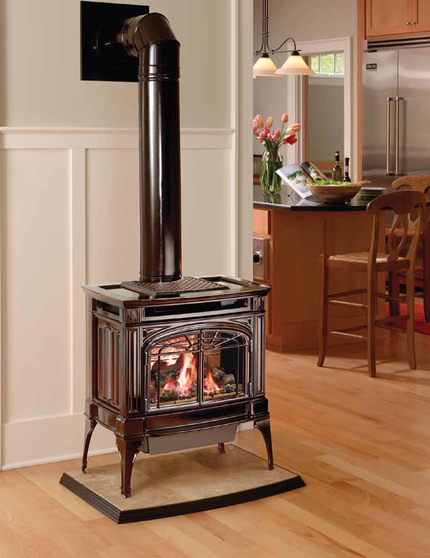 6 Berkshire TM Cast Iron Gas Stove The Berkshire is shown in the Oxford Brown porcelain enamel finish. Enhancements include the Brick Fireback, Linenfold side and top panels, and painted flue pipe.