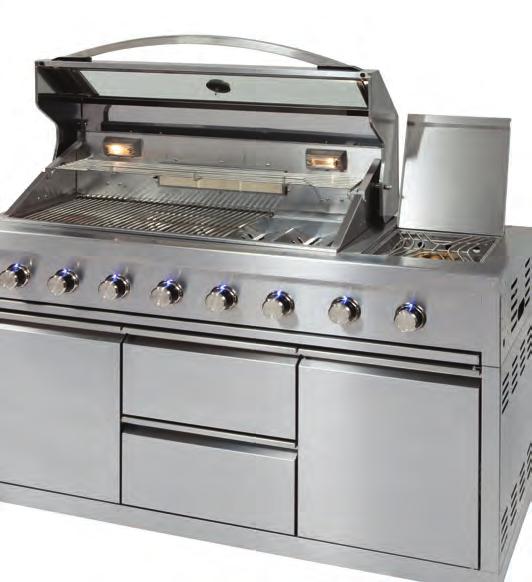 Complete with warming rack Stainless steel flame tamer for controlled heat distribution Convenient slide-out cylinder storage Locking castors Supplied fully assembled Complete with hose and
