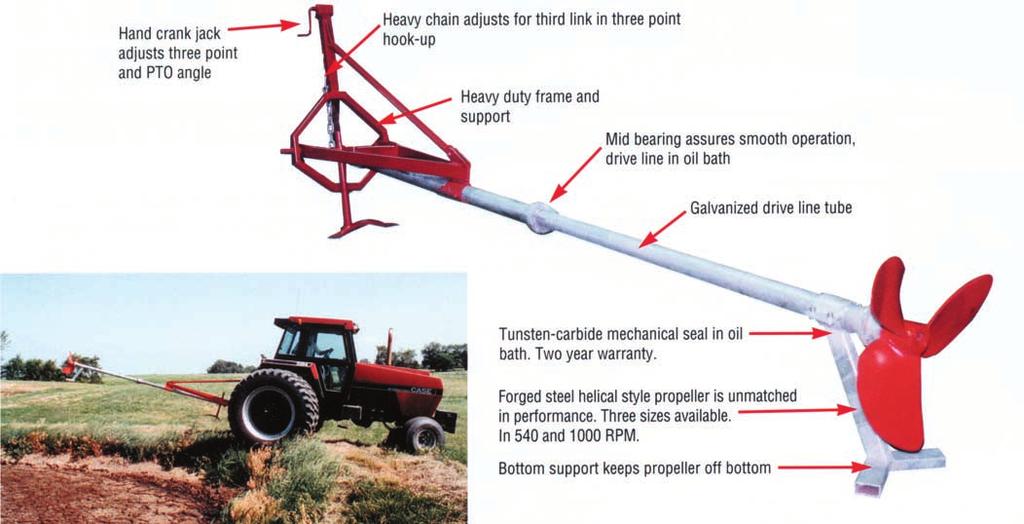 1) The prop agitator lower end includes a housing with oil bath bearings and a front sight glass that can be viewed from the tractor to assure proper lubrication.