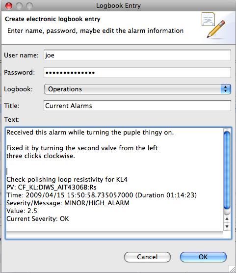 E-Log Entries Logbook from context menu creates text w/ basic info about selected alarms.