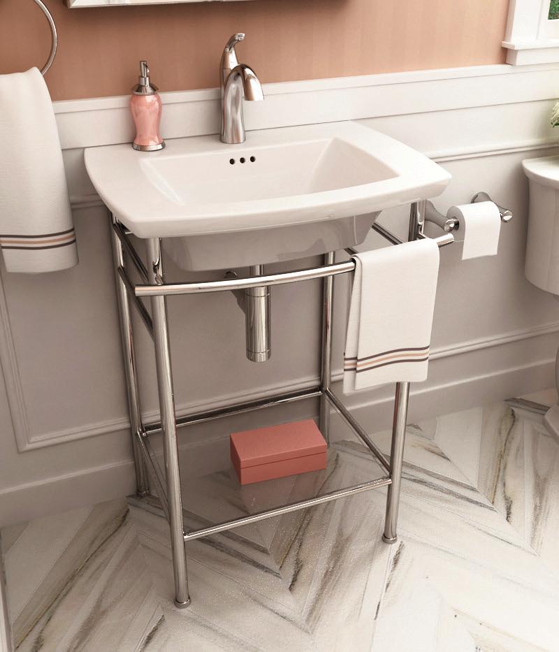 Rear overflow design is available in 8", 4" and center hole-only faucet configurations.