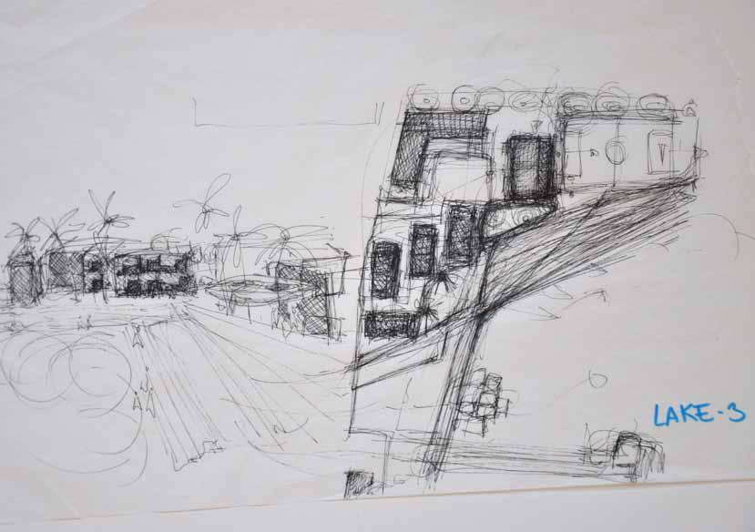 A sketch of the perspective up the wadi from the exit point by the lake.
