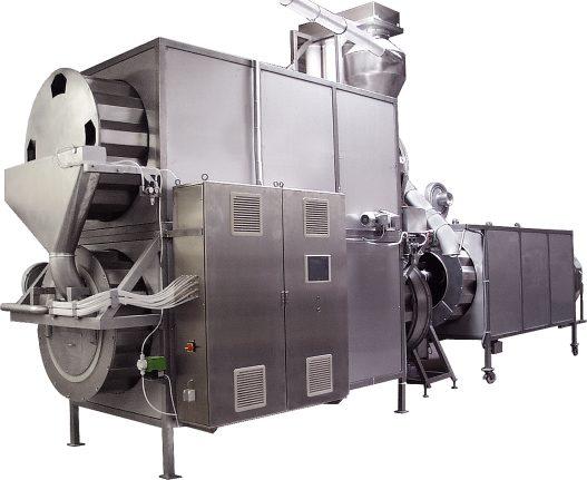 D: COMBINATION DRIER/COATER COMBINATION DRIER/COATER Drum combination arranged one on top of the other consisting of: A Application drum for the application of various taste and aroma giving
