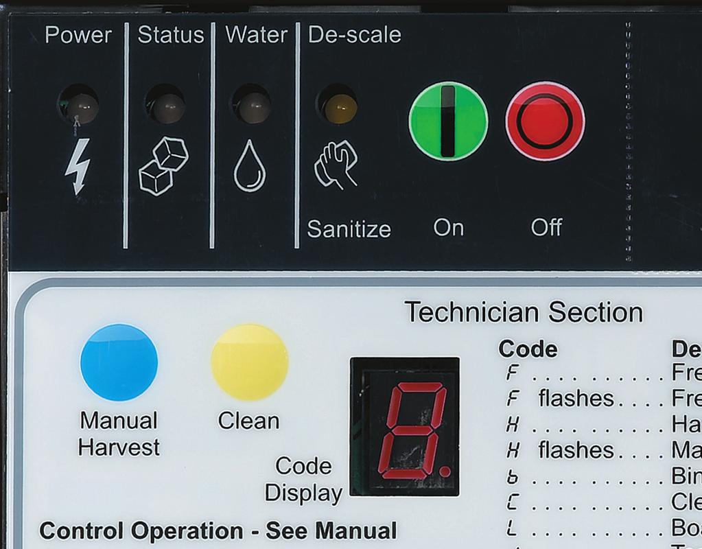 Component indicator lights Lower light and switch panel Indicator Lights ower - on when there is power to the controller P Status - on in ice making mode Water - on