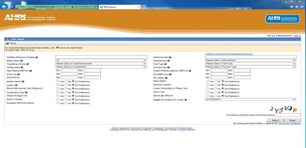 Select/click equipment type from Residential section (Example: Furnace, AC, Boiler) For the example, Furnace was selected.