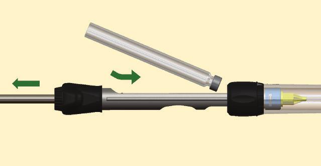 > Grip cartridge with index finger and thumb through upper and lower syringe body apertures. > Push cartridge upward and back to remove. > Load new cartridge as shown in section 3.