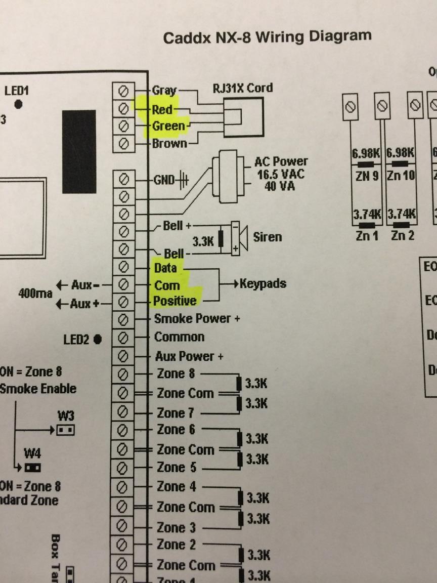 Caddx NX Series Wiring Diagram As you can see, the terminals we need to connect to on this system circuit board are Data, Com, Positive, Red, and Green.